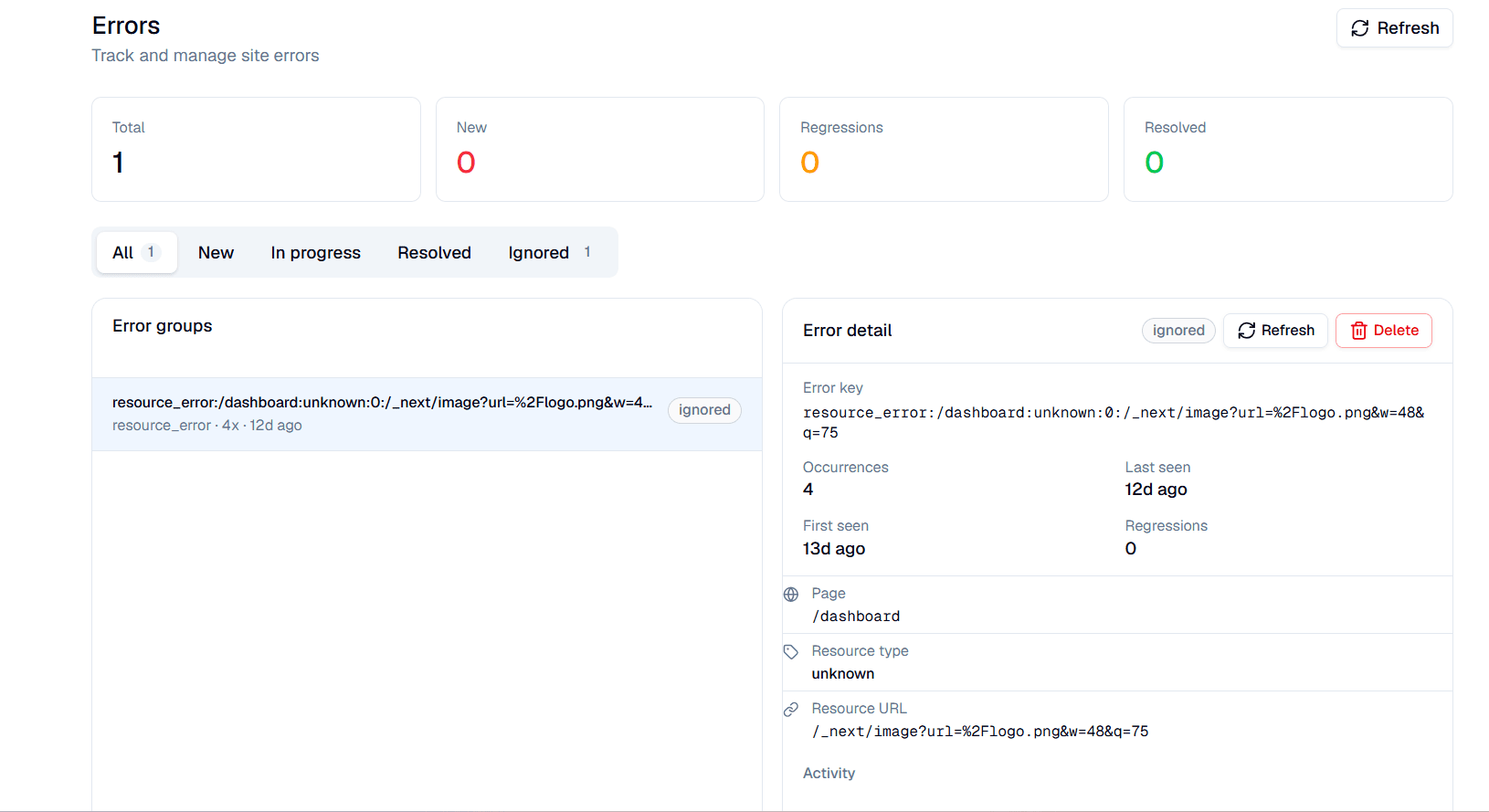 Ucoder Insights error tracking dashboard