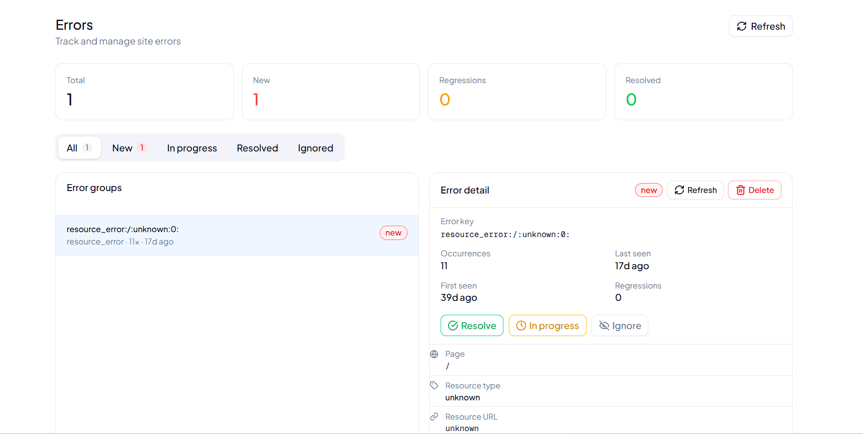 Error dashboard overview