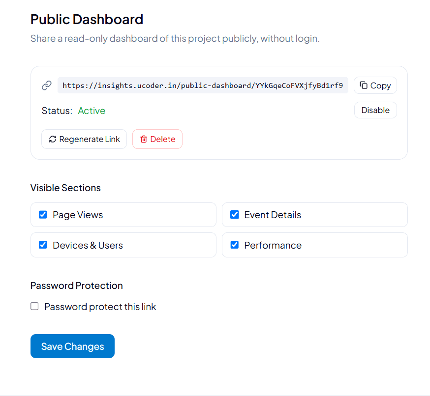Public Dashboard settings